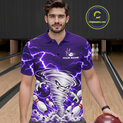 Purple Lightning Thunder Funny Tornado Bowling Shirt For Men Custom Bowling Jersey Polo & 1/4 Zip TDM7958