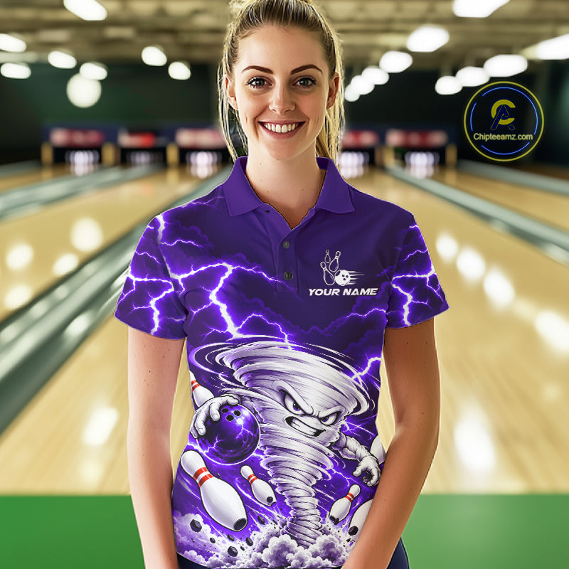 Purple Lightning Thunder Funny Tornado Bowling Shirt For Women Custom Bowling Jersey Polo & 1/4 Zip TDM7958