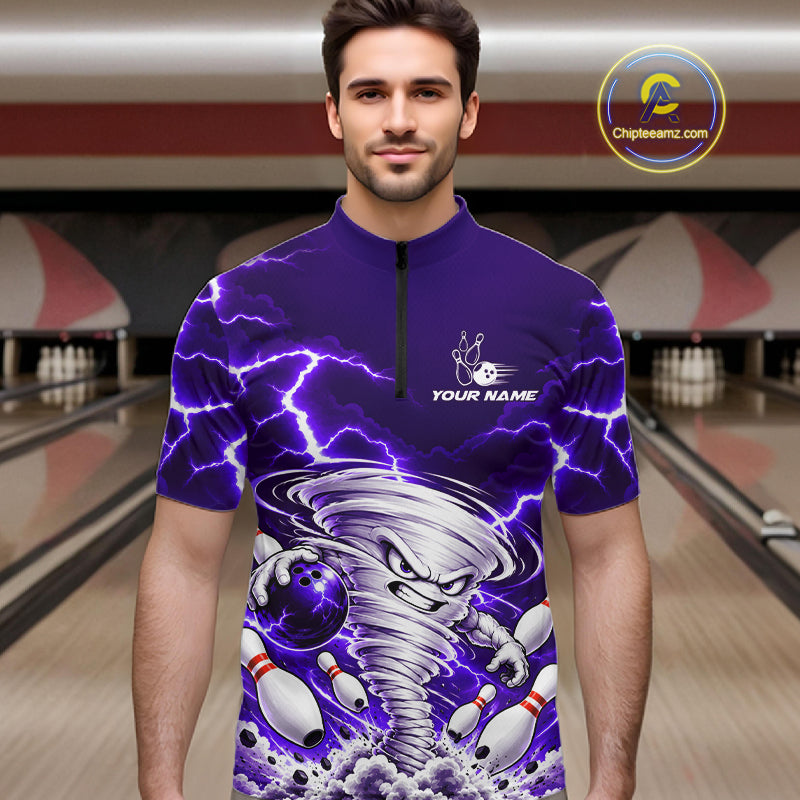 Purple Lightning Thunder Funny Tornado Bowling Shirt For Men Custom Bowling Jersey Polo & 1/4 Zip TDM7958