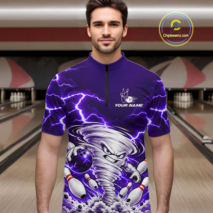 Purple Lightning Thunder Funny Tornado Bowling Shirt For Men Custom Bowling Jersey Polo & 1/4 Zip TDM7958