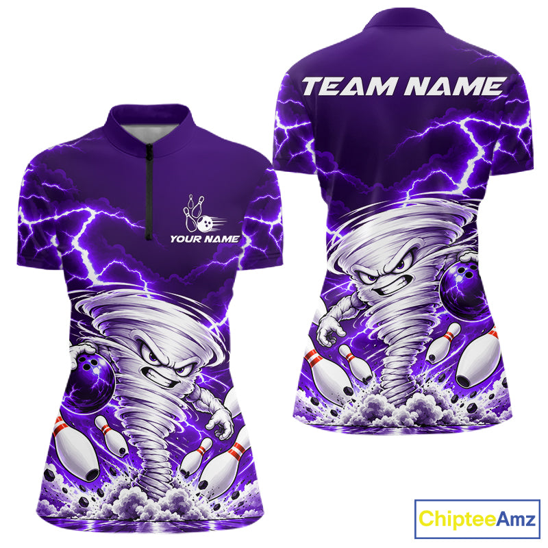 Purple Lightning Thunder Funny Tornado Bowling Shirt For Women Custom Bowling Jersey Polo & 1/4 Zip TDM7958