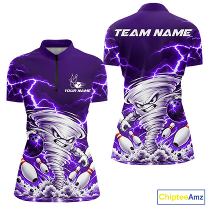 Purple Lightning Thunder Funny Tornado Bowling Shirt For Women Custom Bowling Jersey Polo & 1/4 Zip TDM7958