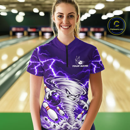 Purple Lightning Thunder Funny Tornado Bowling Shirt For Women Custom Bowling Jersey Polo & 1/4 Zip TDM7958