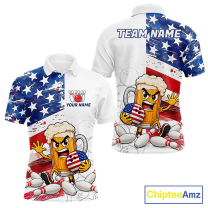 American Flag Funny Beer Bowling Shirts For Men Custom Patriotic Bowling Team Jersey Polo, 1/4 Zip TDM7960
