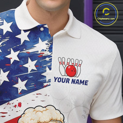 American Flag Funny Beer Bowling Shirts For Men Custom Patriotic Bowling Team Jersey Polo, 1/4 Zip TDM7960