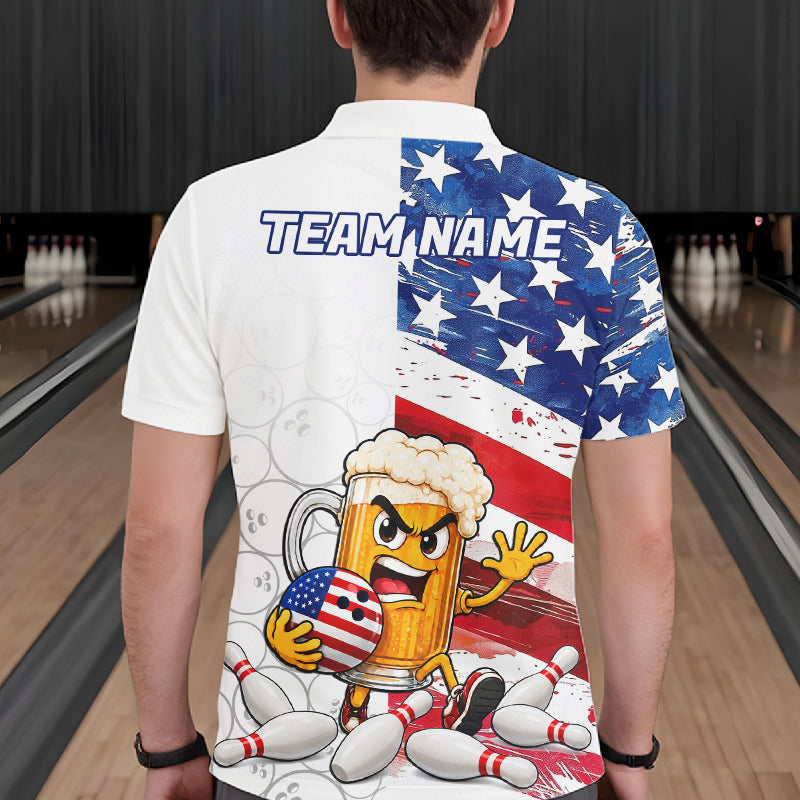 American Flag Funny Beer Bowling Shirts For Men Custom Patriotic Bowling Team Jersey Polo, 1/4 Zip TDM7960