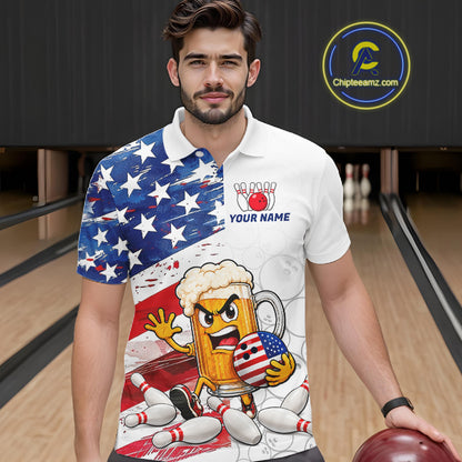 American Flag Funny Beer Bowling Shirts For Men Custom Patriotic Bowling Team Jersey Polo, 1/4 Zip TDM7960