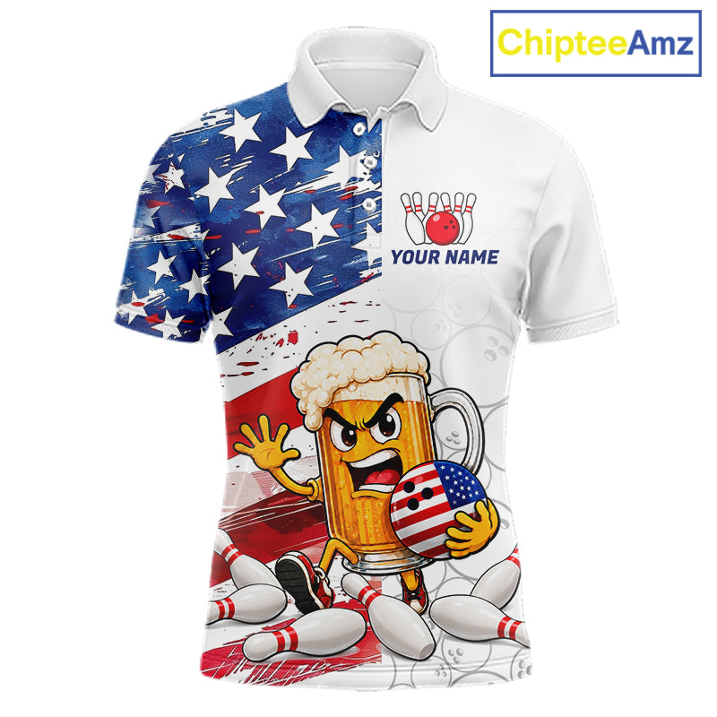 American Flag Funny Beer Bowling Shirts For Men Custom Patriotic Bowling Team Jersey Polo, 1/4 Zip TDM7960