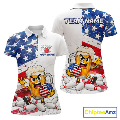 American Flag Funny Beer Bowling Shirts For Women Custom Patriotic Bowling Team Jersey Polo, 1/4 Zip TDM7960