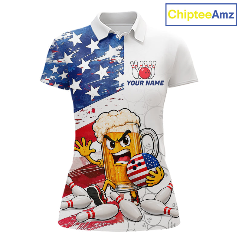 American Flag Funny Beer Bowling Shirts For Women Custom Patriotic Bowling Team Jersey Polo, 1/4 Zip TDM7960