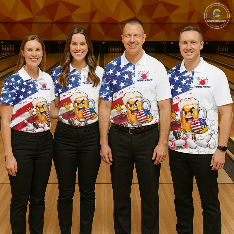 American Flag Funny Beer Bowling Shirts For Men Custom Patriotic Bowling Team Jersey Polo, 1/4 Zip TDM7960
