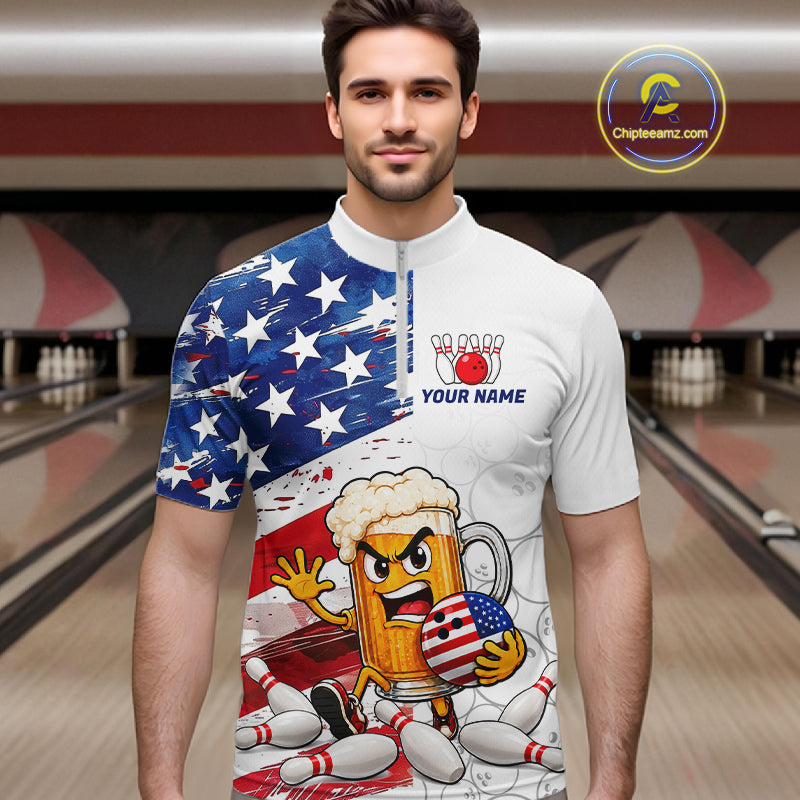 American Flag Funny Beer Bowling Shirts For Men Custom Patriotic Bowling Team Jersey Polo, 1/4 Zip TDM7960