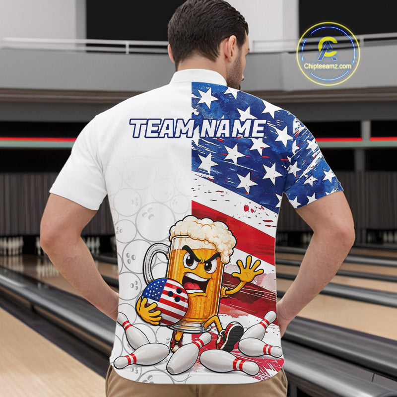 American Flag Funny Beer Bowling Shirts For Men Custom Patriotic Bowling Team Jersey Polo, 1/4 Zip TDM7960