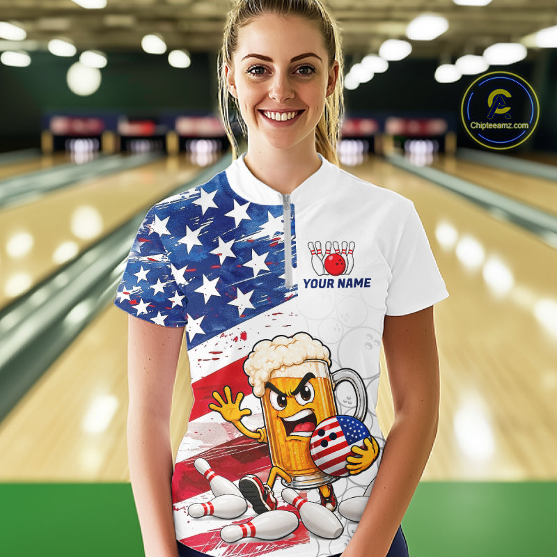 American Flag Funny Beer Bowling Shirts For Women Custom Patriotic Bowling Team Jersey Polo, 1/4 Zip TDM7960