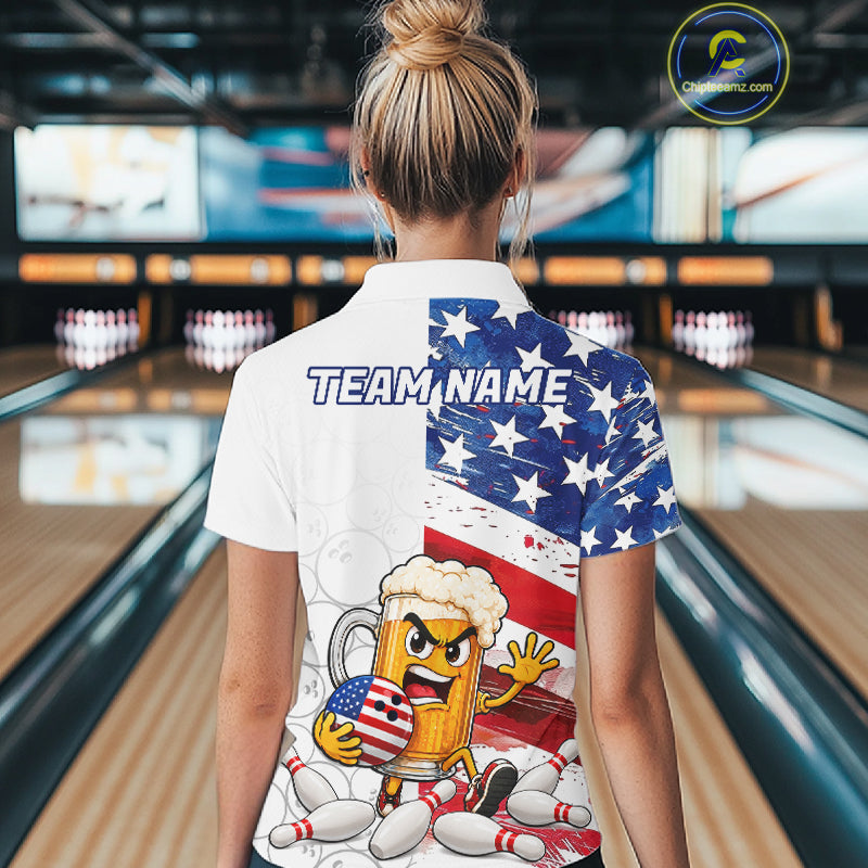 American Flag Funny Beer Bowling Shirts For Women Custom Patriotic Bowling Team Jersey Polo, 1/4 Zip TDM7960