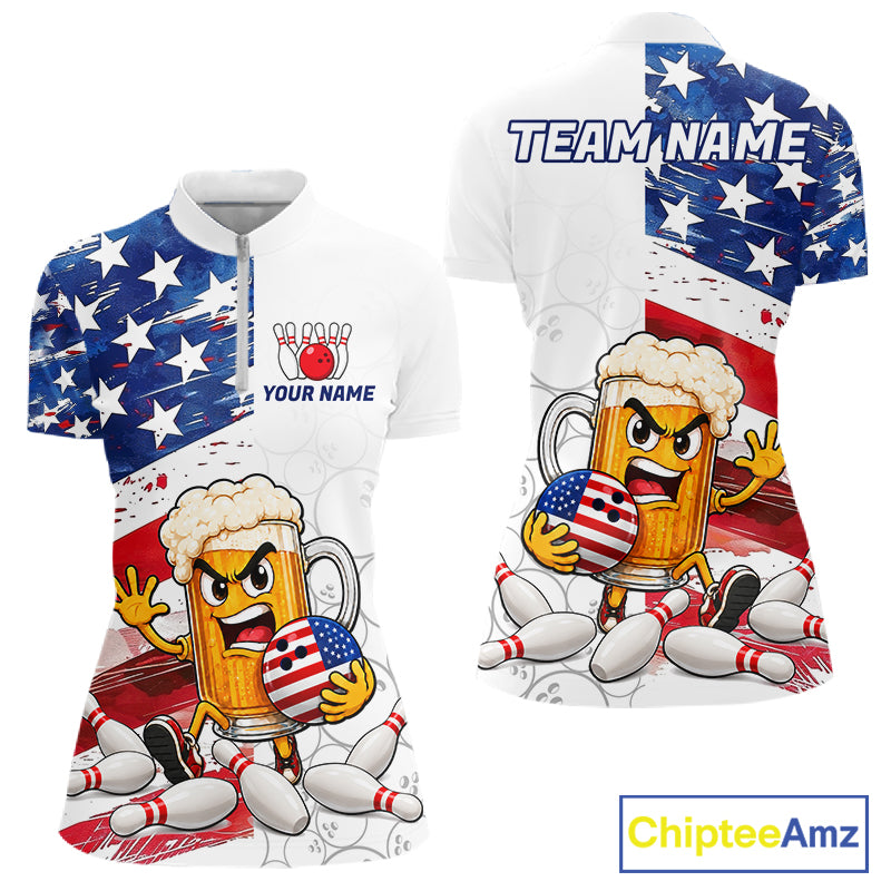American Flag Funny Beer Bowling Shirts For Women Custom Patriotic Bowling Team Jersey Polo, 1/4 Zip TDM7960