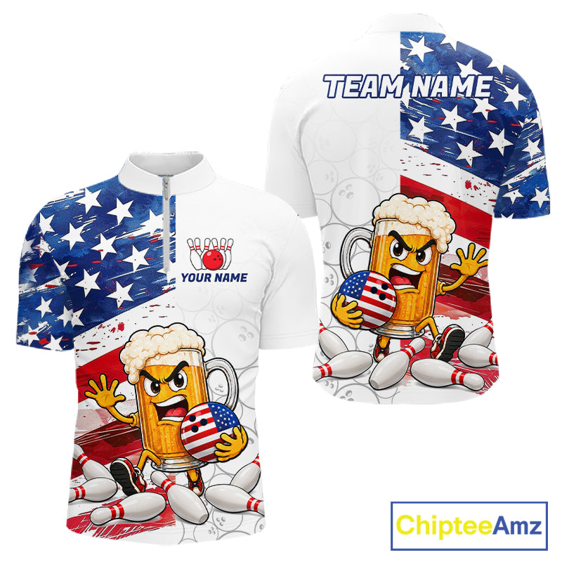 American Flag Funny Beer Bowling Shirts For Men Custom Patriotic Bowling Team Jersey Polo, 1/4 Zip TDM7960