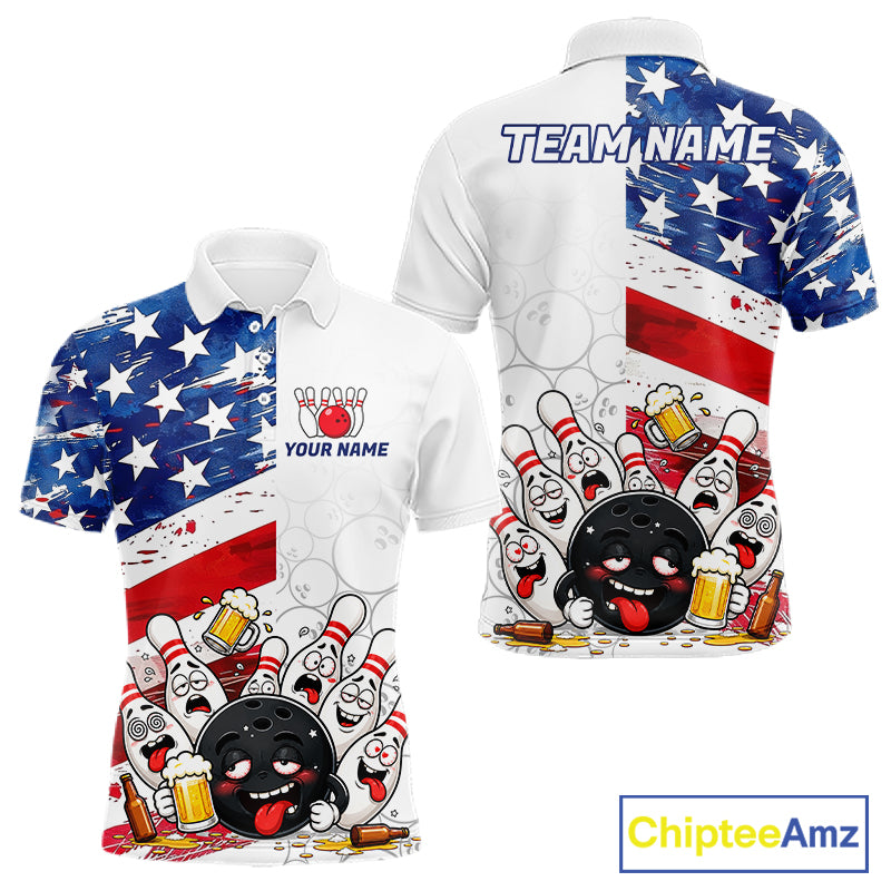 American Flag Funny Drunk Bowling Shirts For Men Custom Patriotic Bowling Team Jersey Polo, 1/4 Zip TDM7961