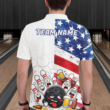 American Flag Funny Drunk Bowling Shirts For Men Custom Patriotic Bowling Team Jersey Polo, 1/4 Zip TDM7961