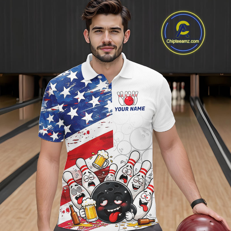 American Flag Funny Drunk Bowling Shirts For Men Custom Patriotic Bowling Team Jersey Polo, 1/4 Zip TDM7961