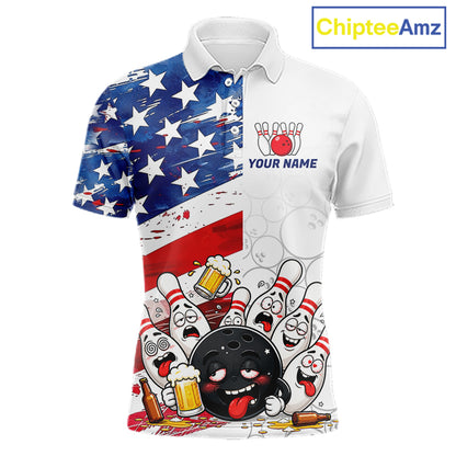 American Flag Funny Drunk Bowling Shirts For Men Custom Patriotic Bowling Team Jersey Polo, 1/4 Zip TDM7961
