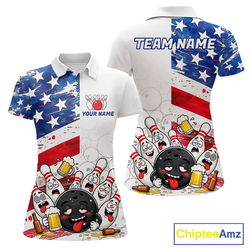 American Flag Funny Drunk Bowling Shirts For Women Custom Patriotic Bowling Team Jersey Polo, 1/4 Zip TDM7961