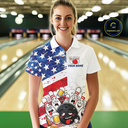 American Flag Funny Drunk Bowling Shirts For Women Custom Patriotic Bowling Team Jersey Polo, 1/4 Zip TDM7961