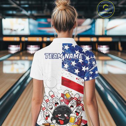 American Flag Funny Drunk Bowling Shirts For Women Custom Patriotic Bowling Team Jersey Polo, 1/4 Zip TDM7961