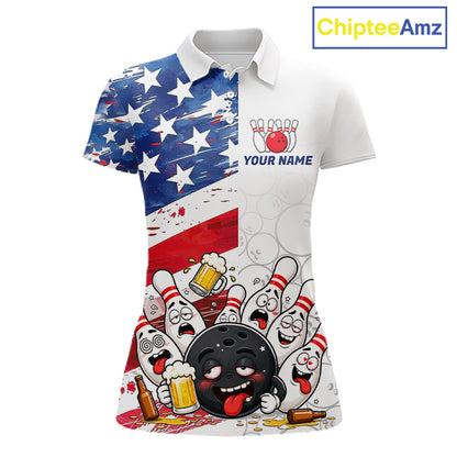American Flag Funny Drunk Bowling Shirts For Women Custom Patriotic Bowling Team Jersey Polo, 1/4 Zip TDM7961