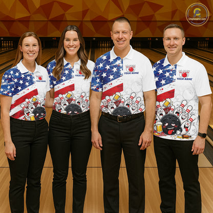 American Flag Funny Drunk Bowling Shirts For Men Custom Patriotic Bowling Team Jersey Polo, 1/4 Zip TDM7961