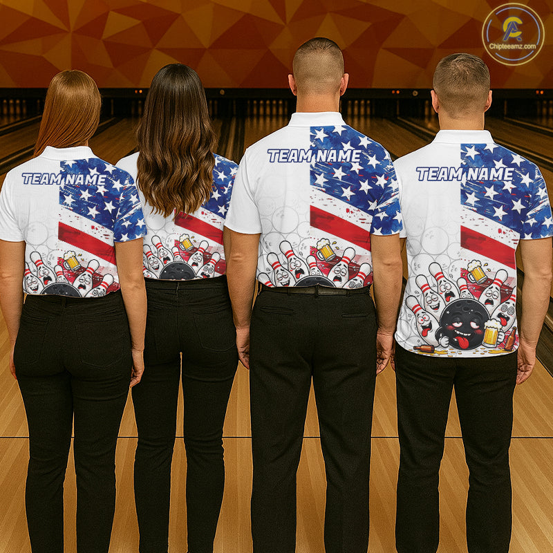 American Flag Funny Drunk Bowling Shirts For Men Custom Patriotic Bowling Team Jersey Polo, 1/4 Zip TDM7961