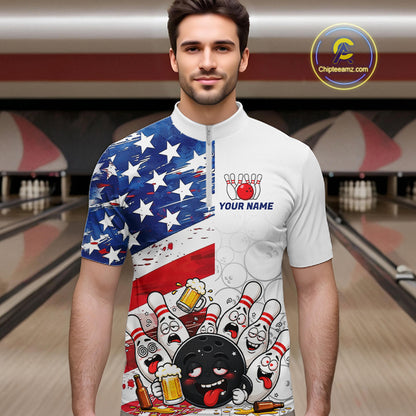 American Flag Funny Drunk Bowling Shirts For Men Custom Patriotic Bowling Team Jersey Polo, 1/4 Zip TDM7961
