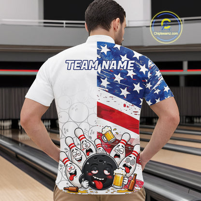 American Flag Funny Drunk Bowling Shirts For Men Custom Patriotic Bowling Team Jersey Polo, 1/4 Zip TDM7961