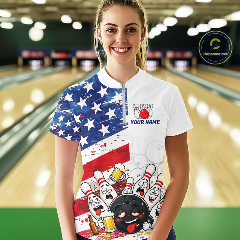 American Flag Funny Drunk Bowling Shirts For Women Custom Patriotic Bowling Team Jersey Polo, 1/4 Zip TDM7961