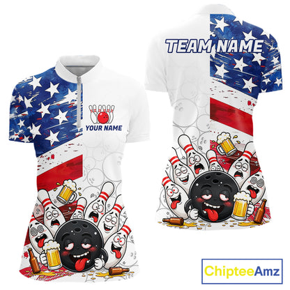American Flag Funny Drunk Bowling Shirts For Women Custom Patriotic Bowling Team Jersey Polo, 1/4 Zip TDM7961