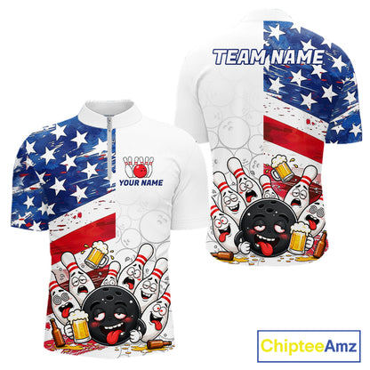 American Flag Funny Drunk Bowling Shirts For Men Custom Patriotic Bowling Team Jersey Polo, 1/4 Zip TDM7961