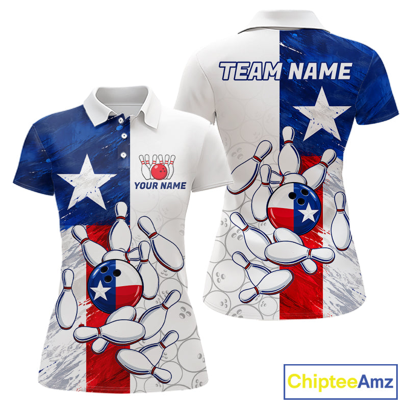 Texas Flag Patriotic Bowling Shirts For Women Custom Bowling Polo & Quarter Zip Team Jersey TDM7962
