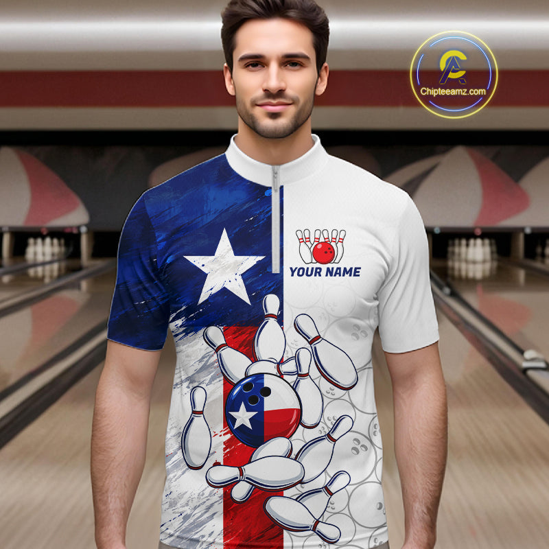 Texas Flag Patriotic Bowling Shirts For Men Custom Bowling Polo & Quarter Zip Team Jersey TDM7962