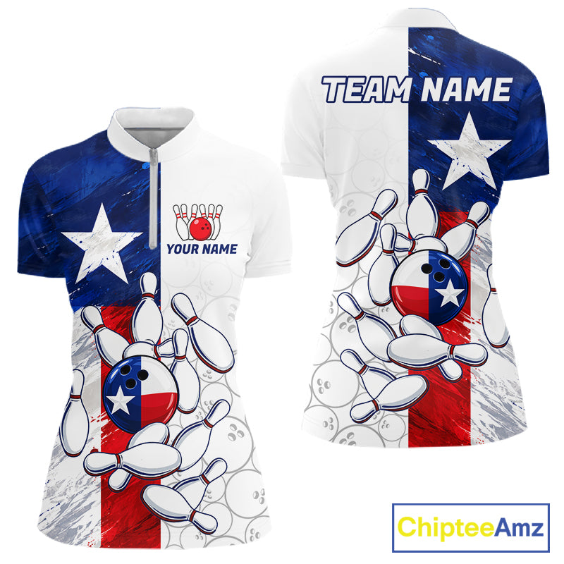 Texas Flag Patriotic Bowling Shirts For Women Custom Bowling Polo & Quarter Zip Team Jersey TDM7962