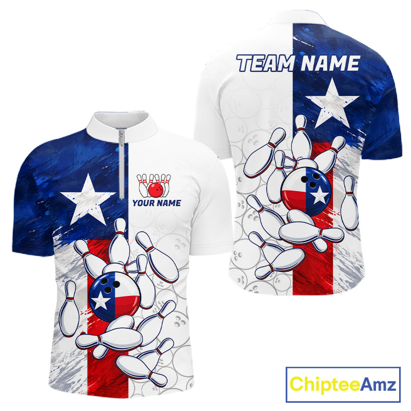 Texas Flag Patriotic Bowling Shirts For Men Custom Bowling Polo & Quarter Zip Team Jersey TDM7962
