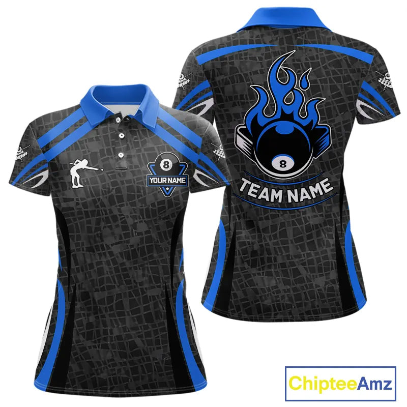 Black And Blue 8 Ball Flame Billiard Shirt For Women Custom Pool Team Shirt, Billiard Jersey TDM5791