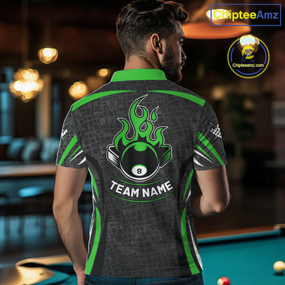 Black And Green 8 Ball Flame Billiard Shirt For Men Custom Pool Team Shirt, Billiard Jersey TDM5792