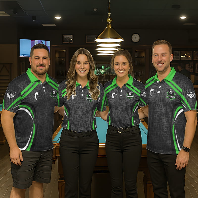 Black And Green 8 Ball Flame Billiard Shirt For Men Custom Pool Team Shirt, Billiard Jersey TDM5792