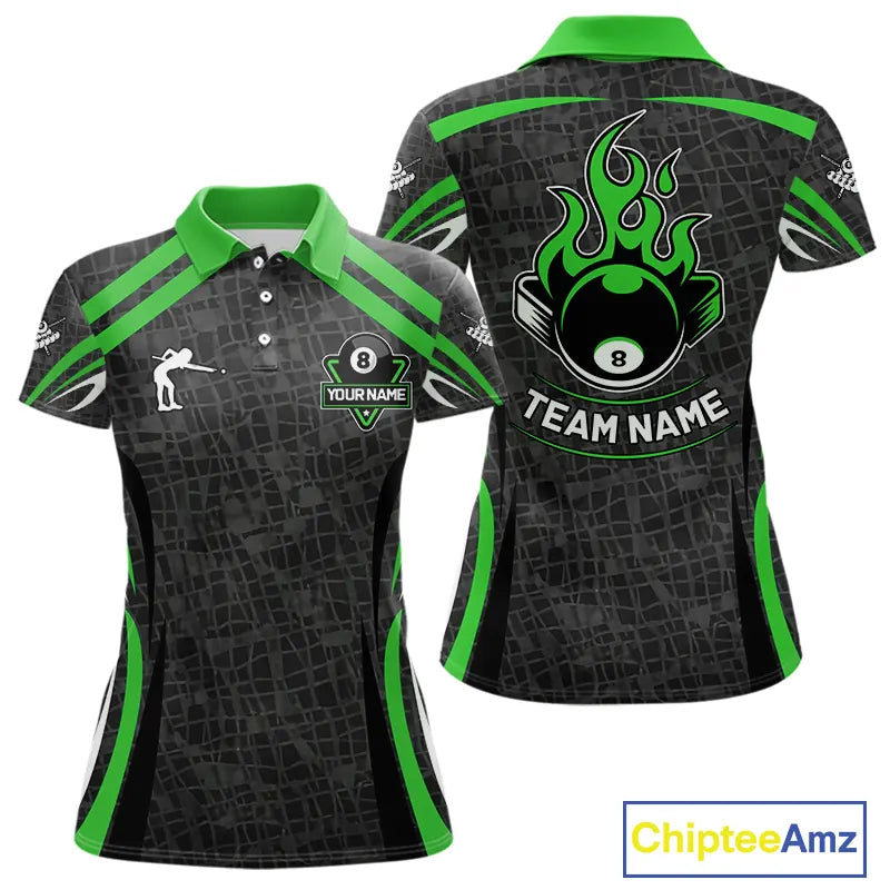 Black And Green 8 Ball Flame Billiard Shirt For Women Custom Pool Team Shirt, Billiard Jersey TDM5792