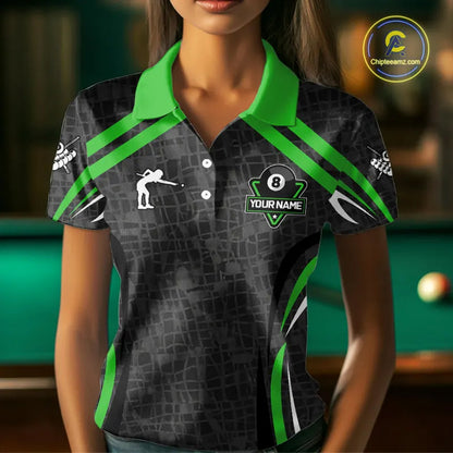 Black And Green 8 Ball Flame Billiard Shirt For Women Custom Pool Team Shirt, Billiard Jersey TDM5792