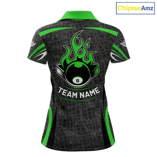 Black And Green 8 Ball Flame Billiard Shirt For Women Custom Pool Team Shirt, Billiard Jersey TDM5792