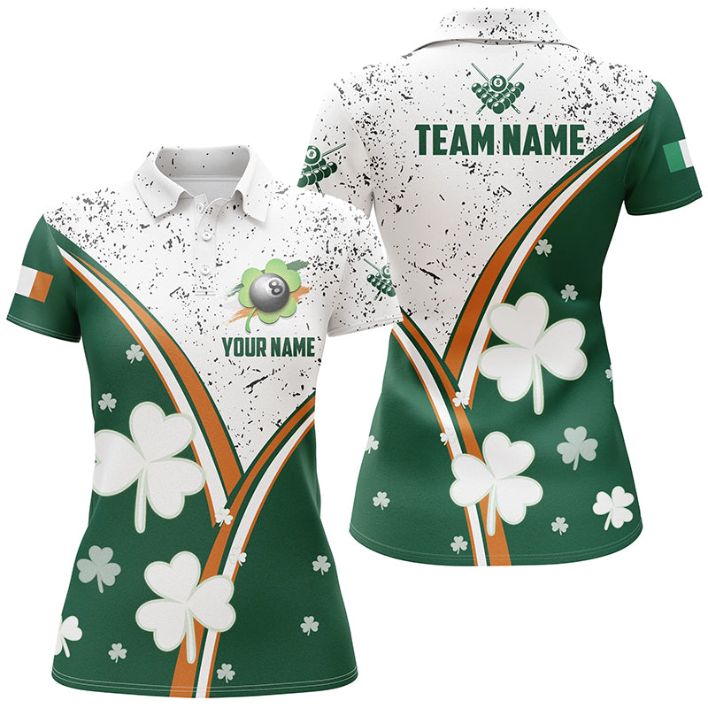 Custom Green & White Grunge Billiard Luckiest Shamrock Women Polo Shirts, Patrick Day Billiard Shirts TDM1122