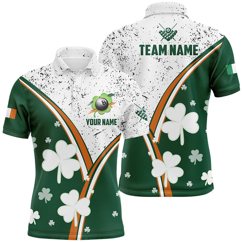 Custom Green & White Grunge Billiard Luckiest Shamrock Men Polo Shirts, Patrick Day Billiard Shirts TDM1122