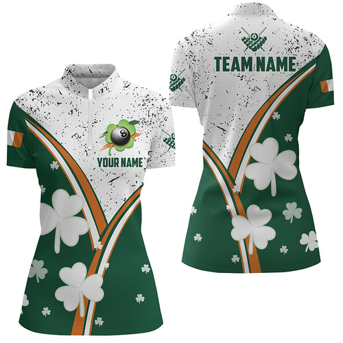 Custom Green White Billiard Luckiest Shamrock Women Quarter-Zip Shirt, Patrick Day Pool Shirt TDM1122