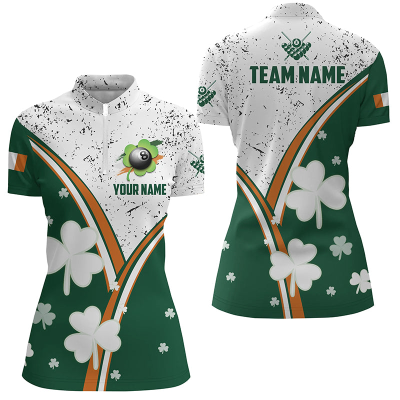 Custom Green White Billiard Luckiest Shamrock Women Quarter-Zip Shirt, Patrick Day Pool Shirt TDM1122